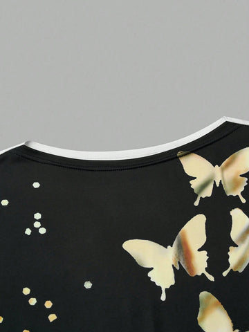 Lady Women's Butterfly Patterned Oversized Round Neck Batwing Short Sleeve T-Shirt With Side Split Hem