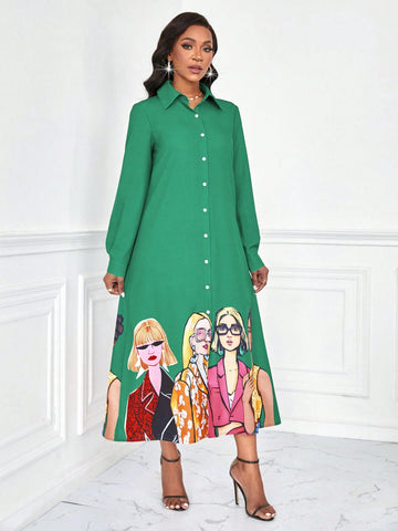 Women's Cartoon Character Printed Shirt Dress