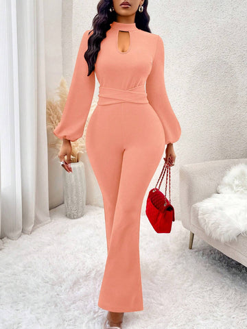Women's Casual Elegant Keyhole Neck Lantern Sleeve Cinched Waist Flared Jumpsuit, Autumn