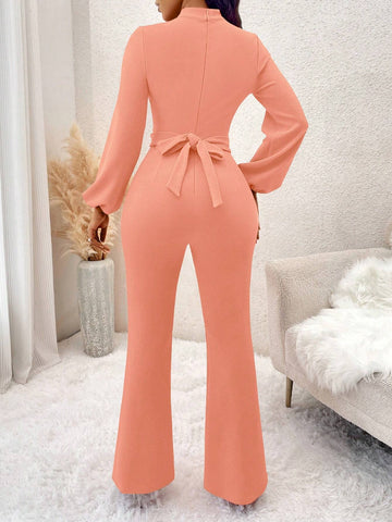 Women's Casual Elegant Keyhole Neck Lantern Sleeve Cinched Waist Flared Jumpsuit, Autumn