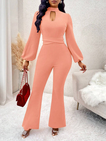 Women's Casual Elegant Keyhole Neck Lantern Sleeve Cinched Waist Flared Jumpsuit, Autumn