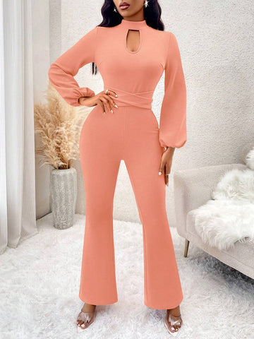 Women's Casual Elegant Keyhole Neck Lantern Sleeve Cinched Waist Flared Jumpsuit, Autumn