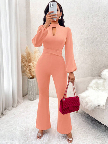 Women's Casual Elegant Keyhole Neck Lantern Sleeve Cinched Waist Flared Jumpsuit, Autumn