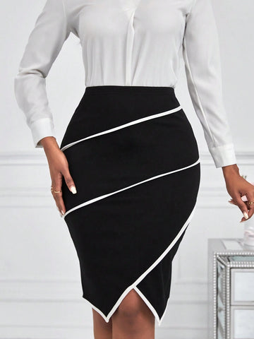 Lady Women's Color Block Bodycon Midi Skirt