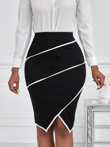 Lady Women's Color Block Bodycon Midi Skirt
