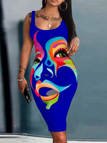 Women's Colorful Face Printed Strappy Dress