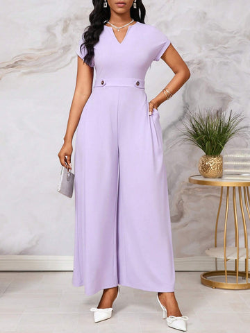 Women's Comfortable Square Neck Batwing Sleeves Jumpsuit Wide Leg Trousers With Side Pockets