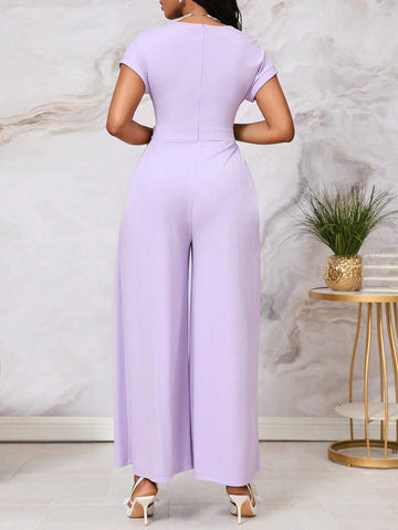 Women's Comfortable Square Neck Batwing Sleeves Jumpsuit Wide Leg Trousers With Side Pockets