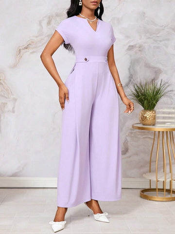 Women's Comfortable Square Neck Batwing Sleeves Jumpsuit Wide Leg Trousers With Side Pockets