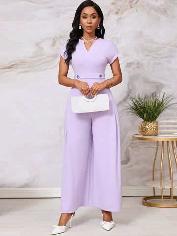 Women's Comfortable Square Neck Batwing Sleeves Jumpsuit Wide Leg Trousers With Side Pockets