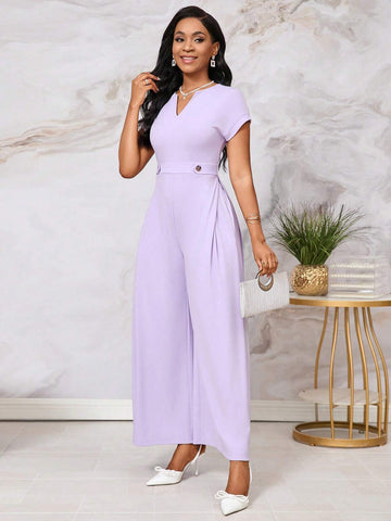 Women's Comfortable Square Neck Batwing Sleeves Jumpsuit Wide Leg Trousers With Side Pockets