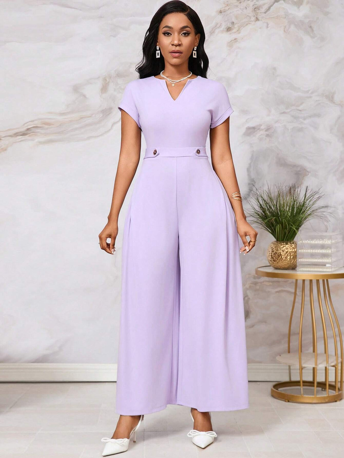 Women's Comfortable Square Neck Batwing Sleeves Jumpsuit Wide Leg Trousers With Side Pockets