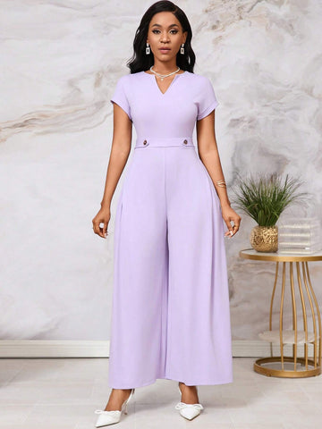 Women's Comfortable Square Neck Batwing Sleeves Jumpsuit Wide Leg Trousers With Side Pockets