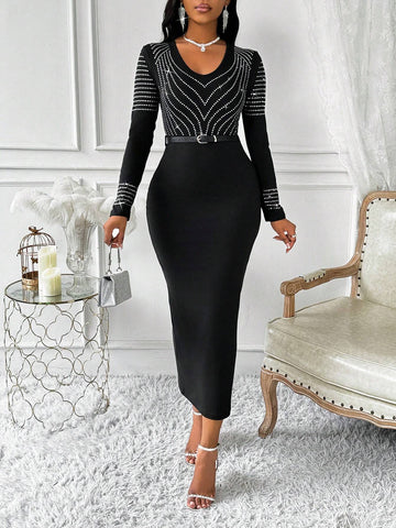 Women's Crew Neck Long Sleeve Fitted Elegant Rhinestone Embellished Sexy Dress