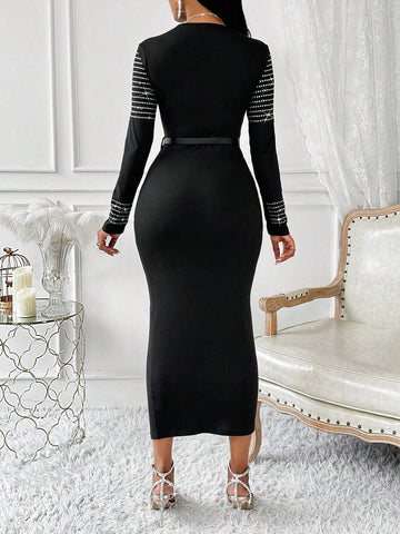 Women's Crew Neck Long Sleeve Fitted Elegant Rhinestone Embellished Sexy Dress