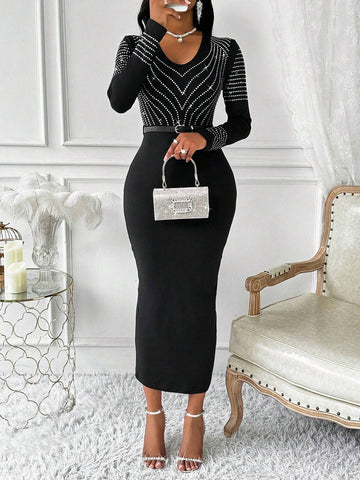 Women's Crew Neck Long Sleeve Fitted Elegant Rhinestone Embellished Sexy Dress