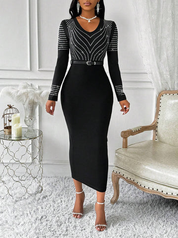 Women's Crew Neck Long Sleeve Fitted Elegant Rhinestone Embellished Sexy Dress