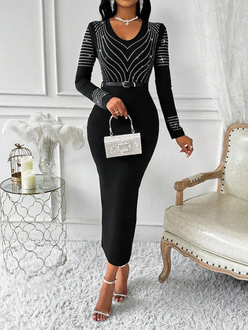 Women's Crew Neck Long Sleeve Fitted Elegant Rhinestone Embellished Sexy Dress