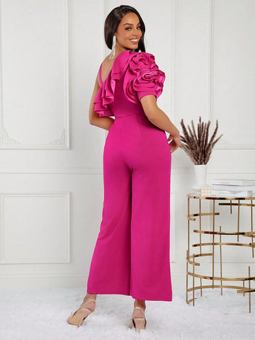 Women's Elegant And Romantic Long Jumpsuit With Pink 3D Floral Sleeves And Ruffle Off-Shoulder Design