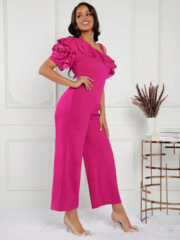Women's Elegant And Romantic Long Jumpsuit With Pink 3D Floral Sleeves And Ruffle Off-Shoulder Design