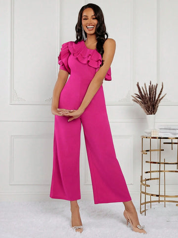 Women's Elegant And Romantic Long Jumpsuit With Pink 3D Floral Sleeves And Ruffle Off-Shoulder Design