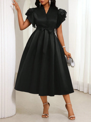 Women's Elegant Black V-Neck Ruffle Sleeve Pleated Mid-Length Dress