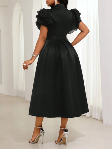 Women's Elegant Black V-Neck Ruffle Sleeve Pleated Mid-Length Dress