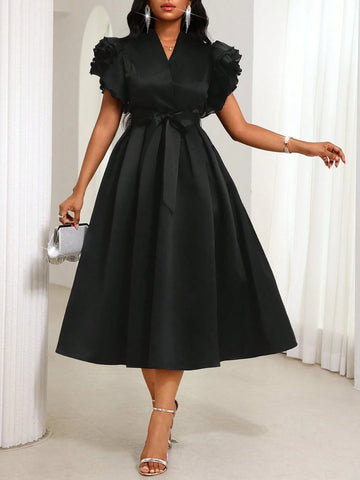 Women's Elegant Black V-Neck Ruffle Sleeve Pleated Mid-Length Dress