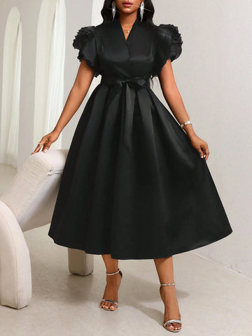Women's Elegant Black V-Neck Ruffle Sleeve Pleated Mid-Length Dress