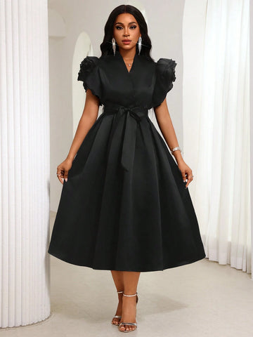 Women's Elegant Black V-Neck Ruffle Sleeve Pleated Mid-Length Dress