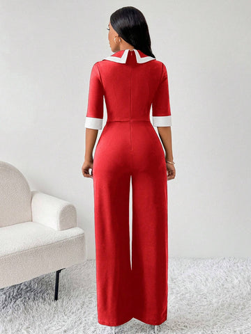 Women's Elegant Business Plunging Neck Black & White Color Block Jumpsuit Women Jumpsuits Fall Women Outfits Going Out Outfits Women Jumpsuit