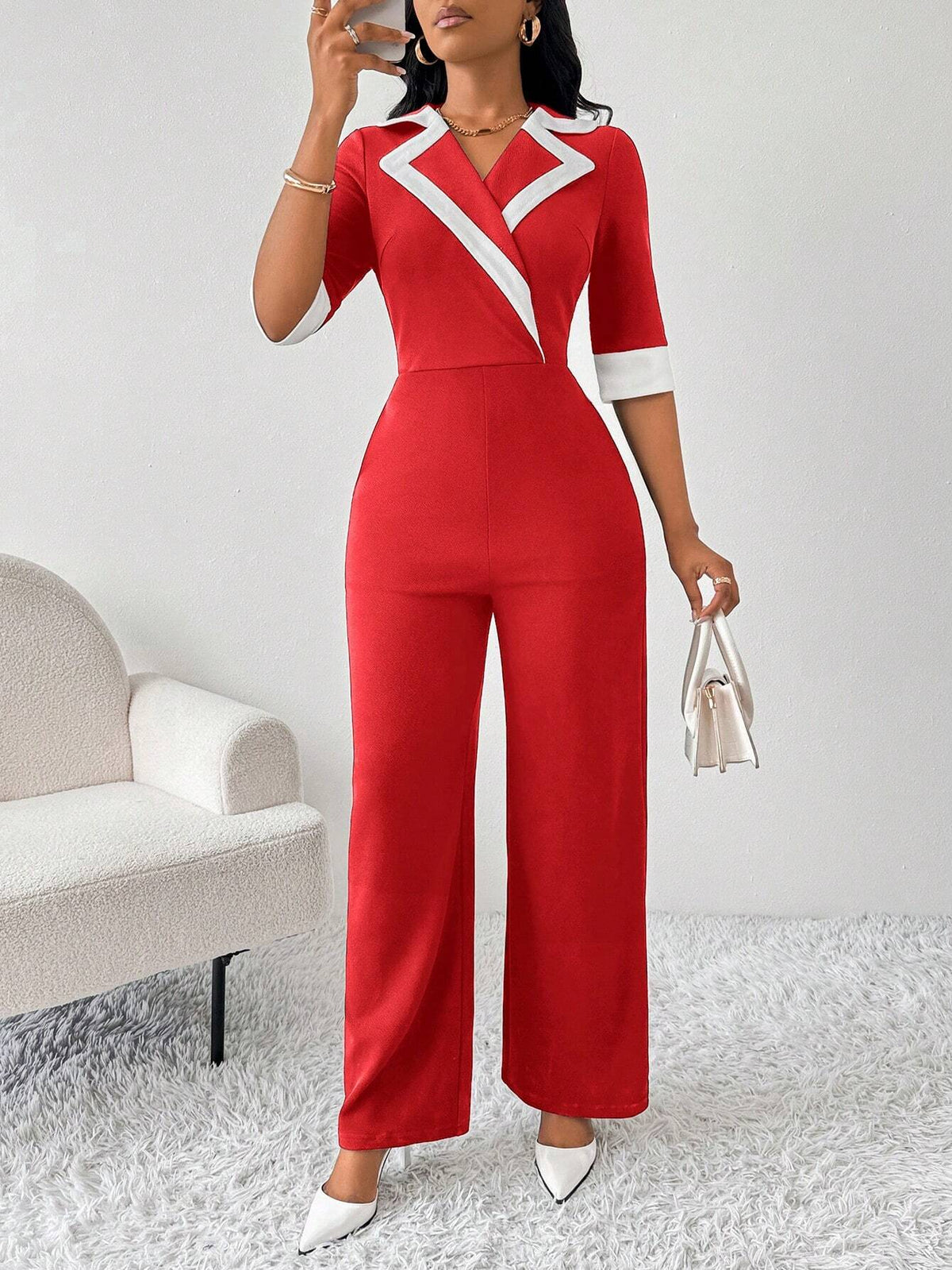Women's Elegant Business Plunging Neck Black & White Color Block Jumpsuit Women Jumpsuits Fall Women Outfits Going Out Outfits Women Jumpsuit