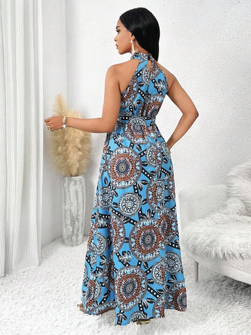 Women's Elegant Full Print Cold Shoulder Dress