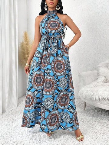 Women's Elegant Full Print Cold Shoulder Dress