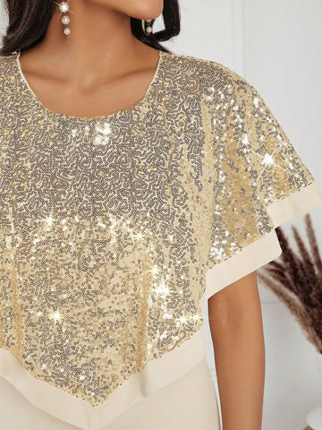 Women's Elegant Slim Sequined Shawl Splice Dress For Summer