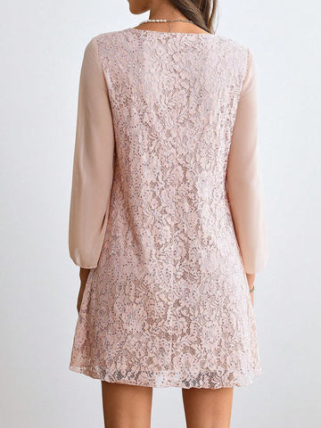 Women's Elegant Straight Spring/Summer Lace Splice Crew Neck Open Slit Long Sleeve Dress