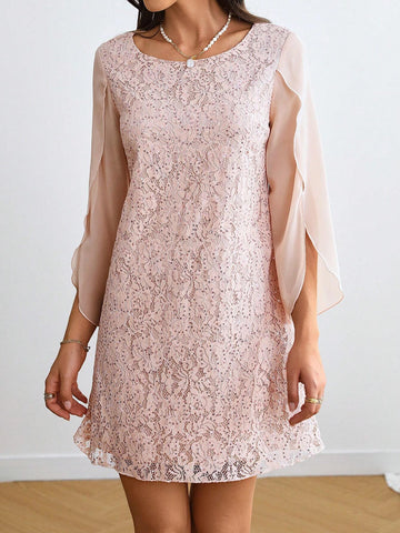Women's Elegant Straight Spring/Summer Lace Splice Crew Neck Open Slit Long Sleeve Dress