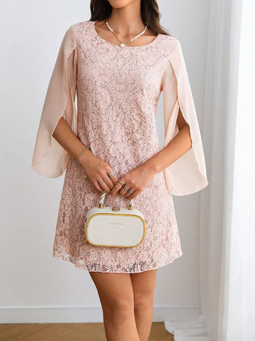 Women's Elegant Straight Spring/Summer Lace Splice Crew Neck Open Slit Long Sleeve Dress