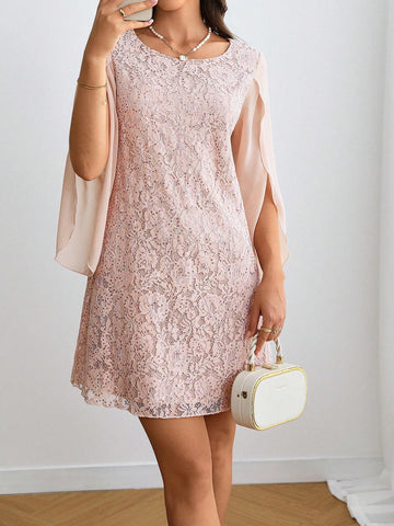 Women's Elegant Straight Spring/Summer Lace Splice Crew Neck Open Slit Long Sleeve Dress