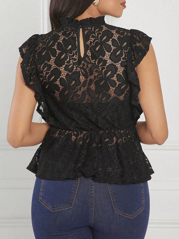 Lady Women's Fashion Solid Color Lace Patchwork Short Sleeve Shirt