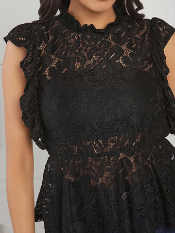 Lady Women's Fashion Solid Color Lace Patchwork Short Sleeve Shirt