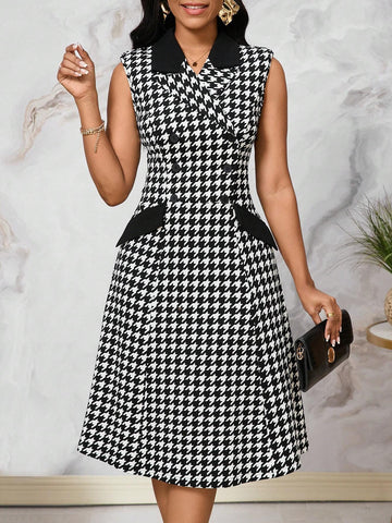 Women's Fashionable Black & White Houndstooth Printed Long Dress