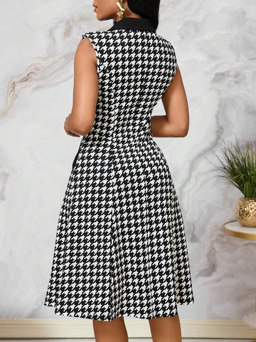 Women's Fashionable Black & White Houndstooth Printed Long Dress