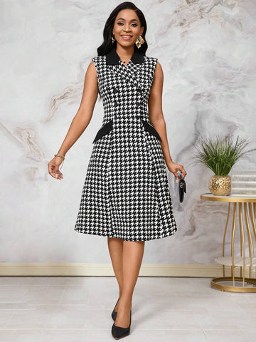 Women's Fashionable Black & White Houndstooth Printed Long Dress