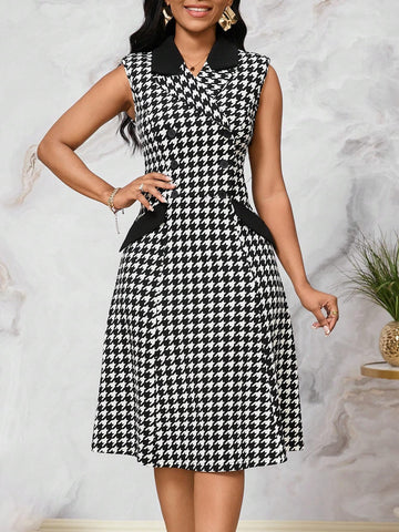 Women's Fashionable Black & White Houndstooth Printed Long Dress
