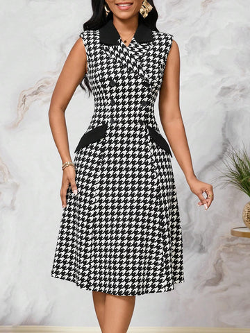 Women's Fashionable Black & White Houndstooth Printed Long Dress