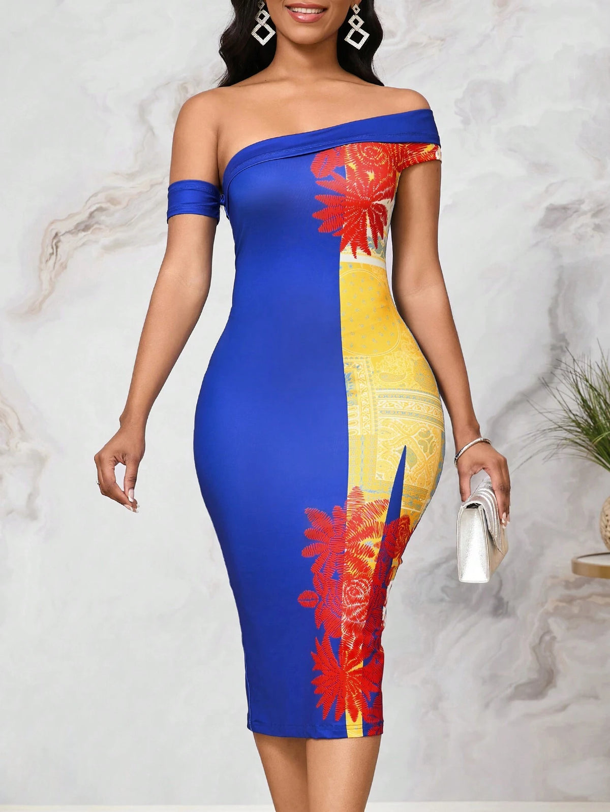 Women's Fashionable Elegant Off-Shoulder Blue Paisley Printed Dress