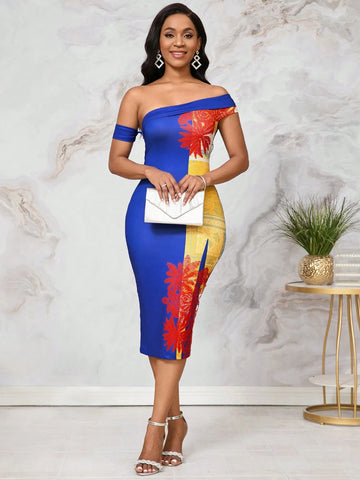 Women's Fashionable Elegant Off-Shoulder Blue Paisley Printed Dress