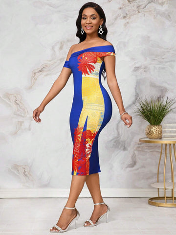 Women's Fashionable Elegant Off-Shoulder Blue Paisley Printed Dress