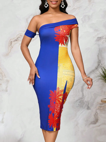 Women's Fashionable Elegant Off-Shoulder Blue Paisley Printed Dress